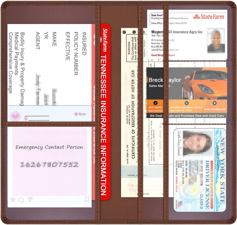 Techion Car Insurance and Registration Holder, 9.5 x 5 Inch PU Leather Vehicle Glove Box Organizer Wallet Case for Insurance Card, Driver License, Paperwork - Brown - Image 3